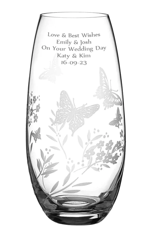 Engraved Diamante Barrel Vase, 25cm Butterflies Fluttering in