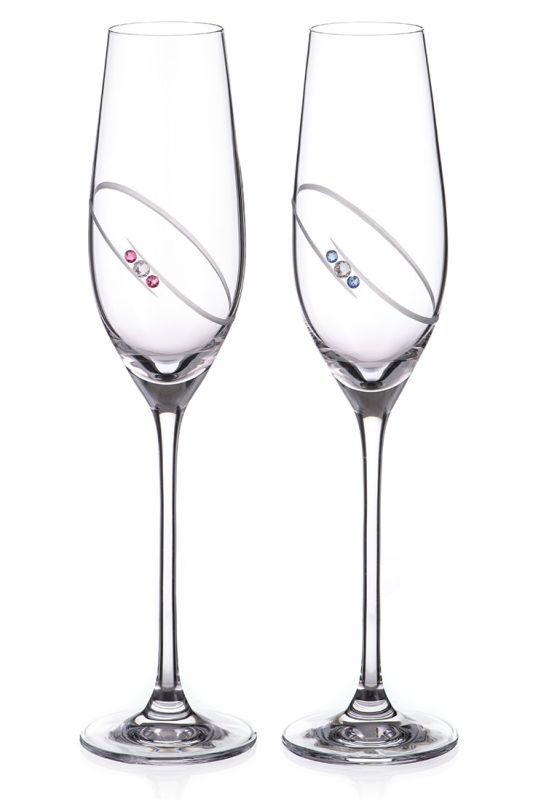 Diamante Champagne Flutes Cut with Ring Motif, Decorated with Blue & Pink Crystals