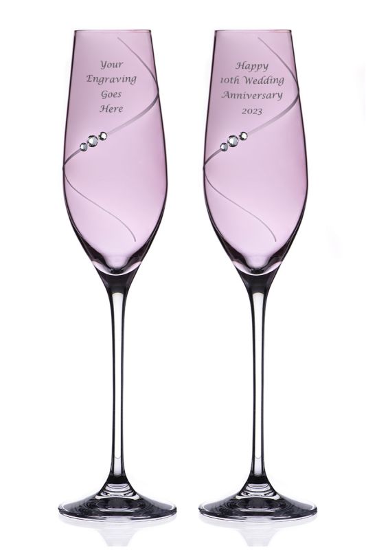 Pair of Engraved Pink Champagne Glasses | Diamante Crystal Elements