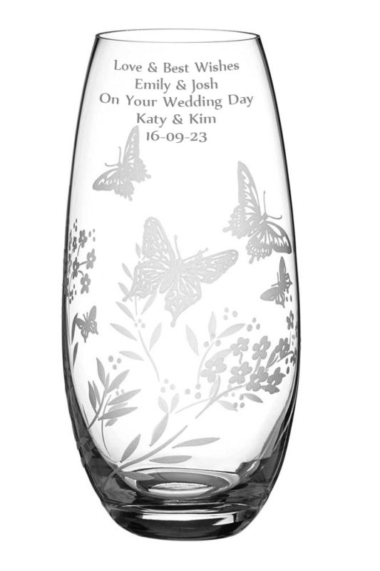 Engraved Diamante Barrel Vase, 25cm | Butterflies Fluttering in Flower Meadow Motif, Gift Boxed