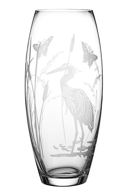Unique Large Vase Etched With Heron, Grasses & Butterfly Design