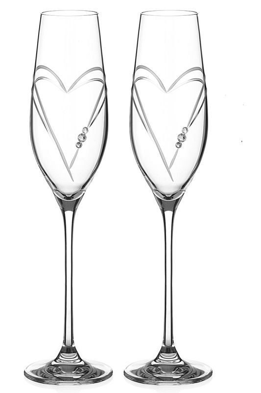 Diamante Heart Champagne Flutes | Satin Boxed Pair