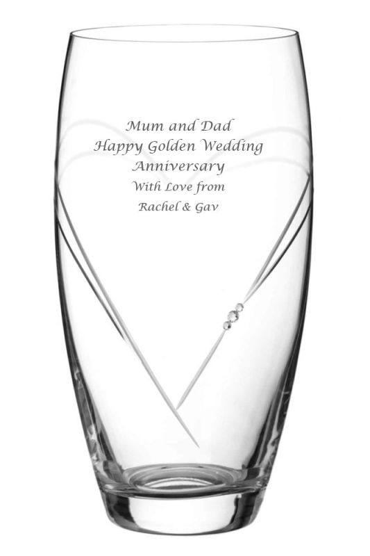 Engraved Diamante Crystal Vase, 26cm Tall Barrel, Heart in Heart Design, Gift Boxed