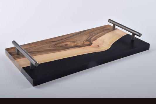 Walnut handled tray with black and hint of gold resin