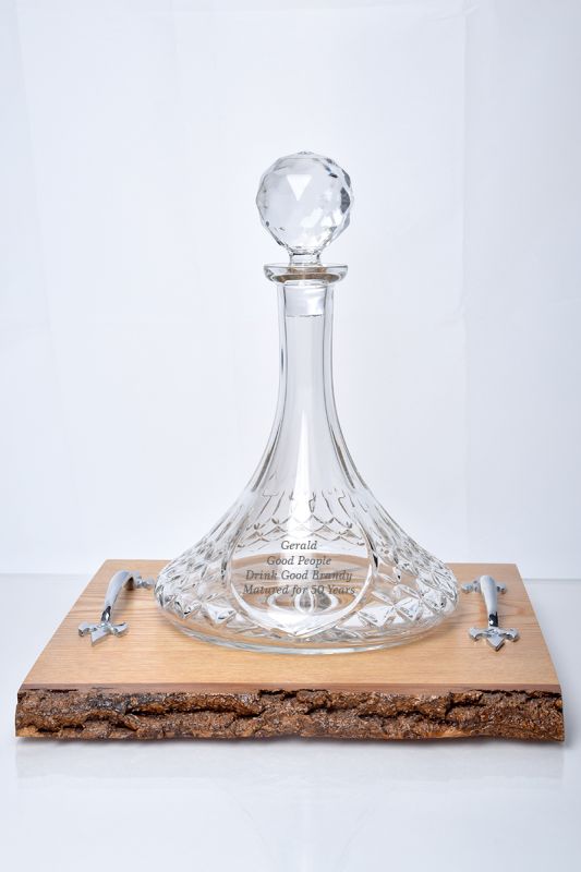 Engraved Crystal Ships Decanter on Solid Oak Tray