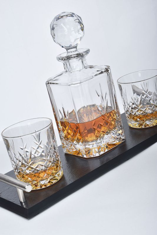 Buckingham Crystal Whisky Decanter Set and Handcrafted Slate Tray