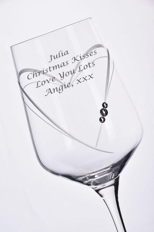 Engraved Diamante Heart-in-Heart Wine Glass Gift