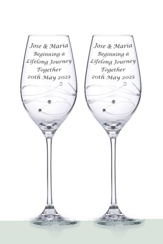 Set of 2 Engraved White Wine Glasses | Spiral Design with Diamante Crystals