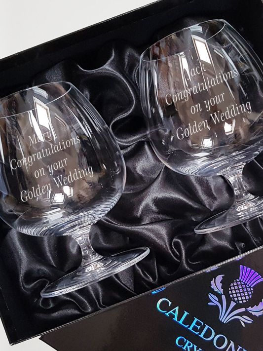 Pair of Laura Engraved Crystal Brandy Glasses, Satin Gift Box