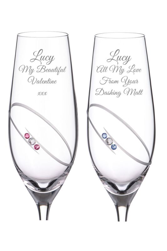 Personalised Valentine's Day Champagne Flutes Gift| Blue & Pink Crystals