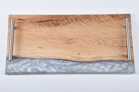 Handcrafted Oak & Resin Serving Tray | Silver & White
