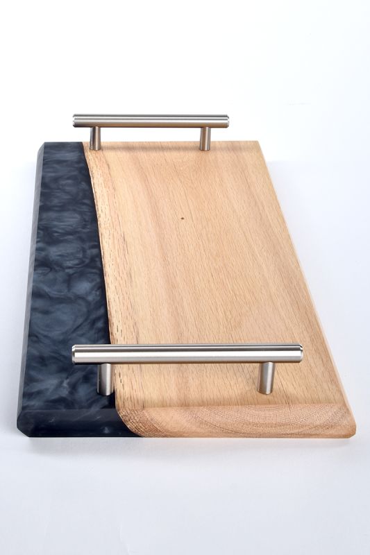 Handcrafted Oak & Resin Serving Tray | Black & Silver
