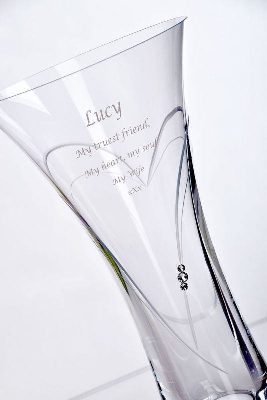 Personalised Flower Vase | Diamante Heart in Heart Vase with Engraved Inscription