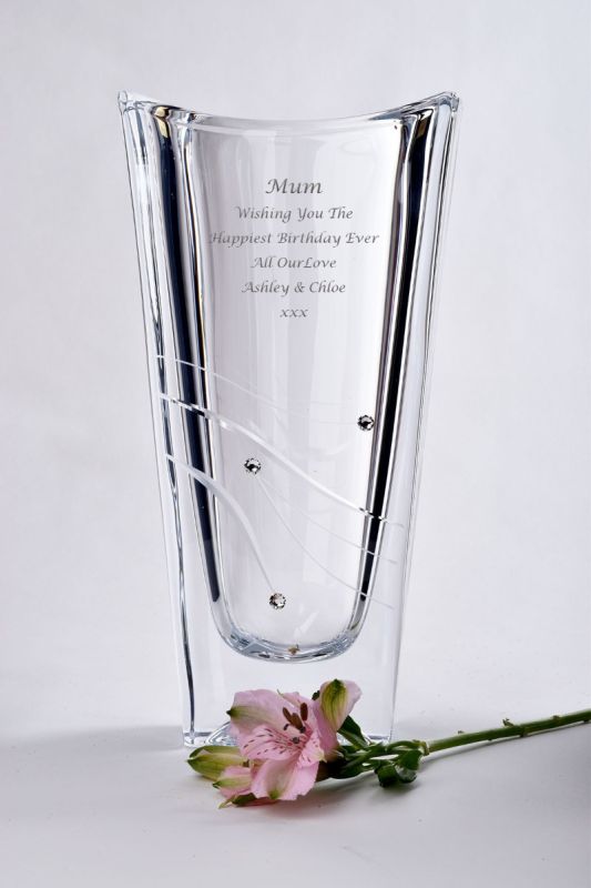 Engraved Rectangular Vase with Cut Design and Swarovski Elements
