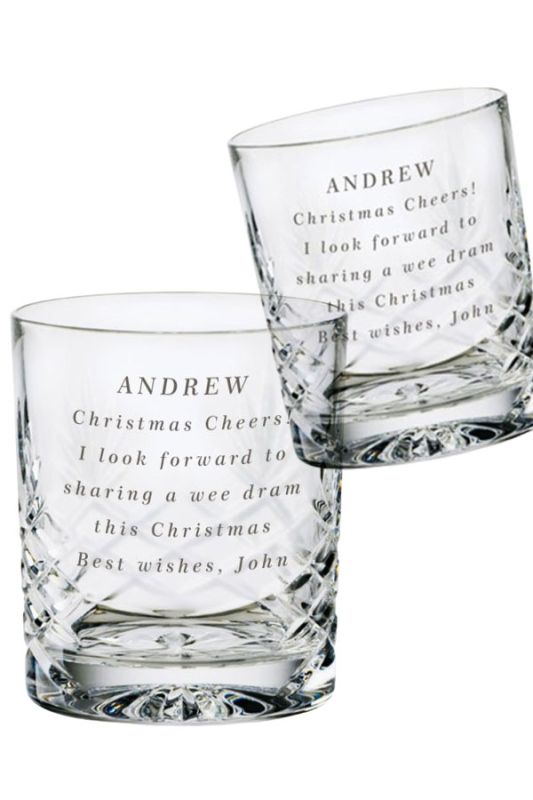 Engraved Pair Galleon Crystal DOF Whisky Glasses | Satin Boxed