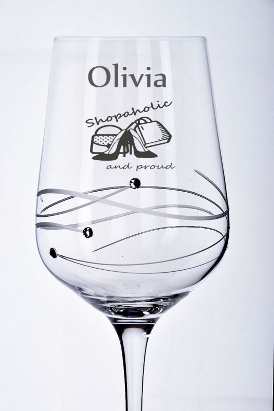 Shopaholic Wine Glass Gift | Engraved Name & 'Shopaholic and Proud' Motif