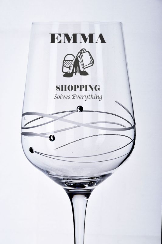 Shopaholic Wine Glass Gift | Engraved with Shopping Solves Everything & Name